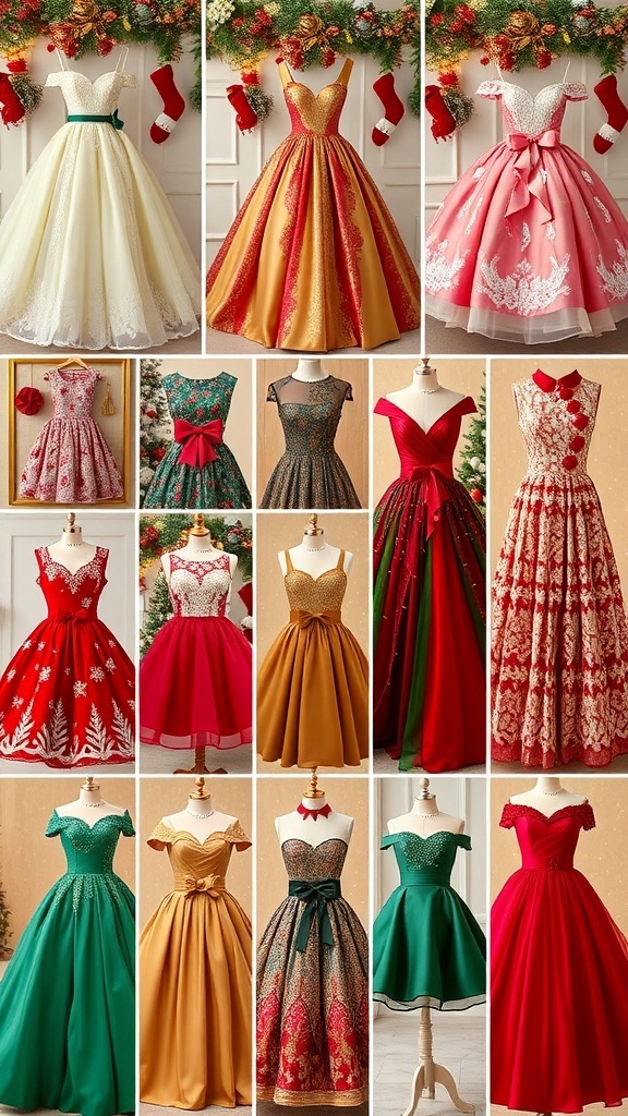 A collection of festive Christmas dresses in red, green, and gold, displayed with Christmas decorations.